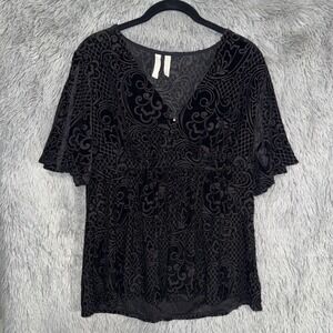 Black Velvet Burnout Swirl Pattern V-Neck Flutter Sleeve Blouse Top Lrg Pants Md